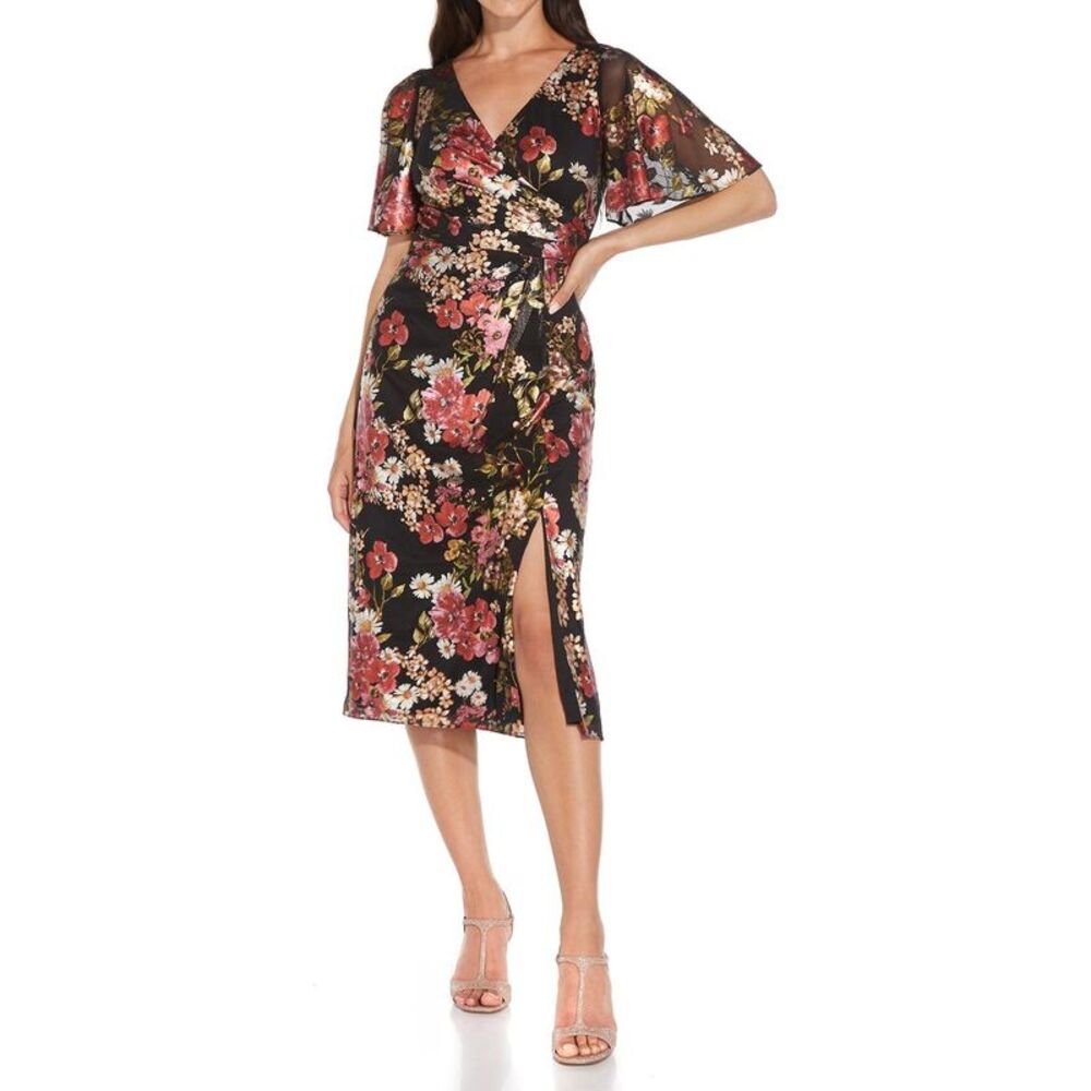Adrianna Papell Womens Black Foiled Midi Cocktail and Party Dress Petites NWT